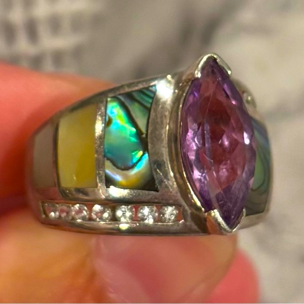Whitney Kelly Vintage Sterling Silver Ring with Large Amethyst and Abalone Inlay